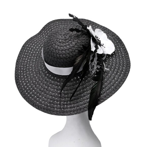 Woven Faux Straw Large Brim Hat Feathers Flowers Queens Plate Summer Black White - Picture 4 of 12